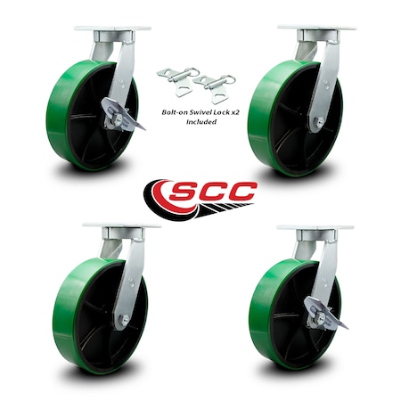 Service Caster 10 Inch Heavy Duty Green Poly on Cast Iron Caster Swivel Lock 2 Brakes SCC, 2PK SCC-KP92S1030-PUR-GB-BSL-2-SLB-2